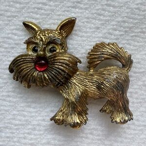 Vintage gold-tone Yorkshire Terrier dog brooch with red rhinestone nose